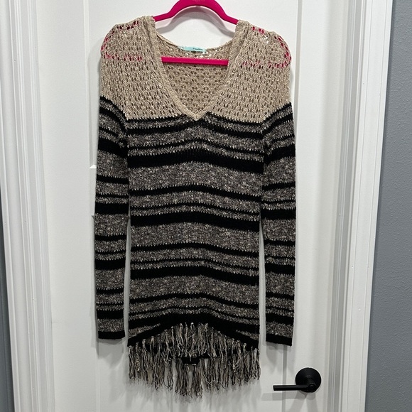 Maurices Sweaters - Striped Black and Tan Women's Sweater with Hoodie & Fringe Size Medium